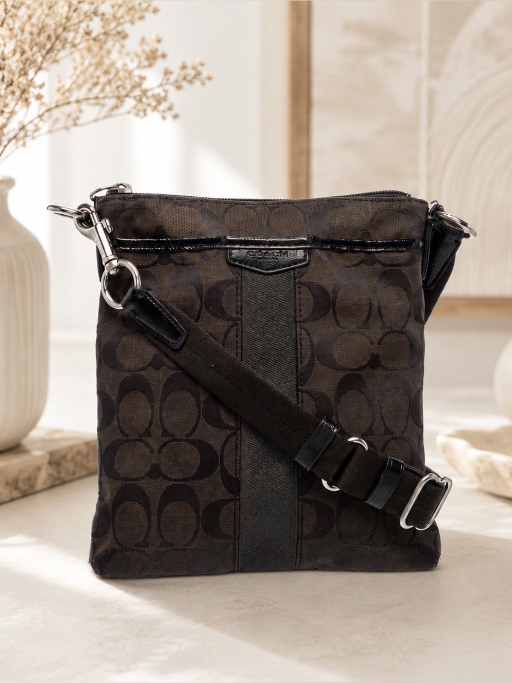 Coach Signature File Bag Brown Black Jacquard Crossbody F17435